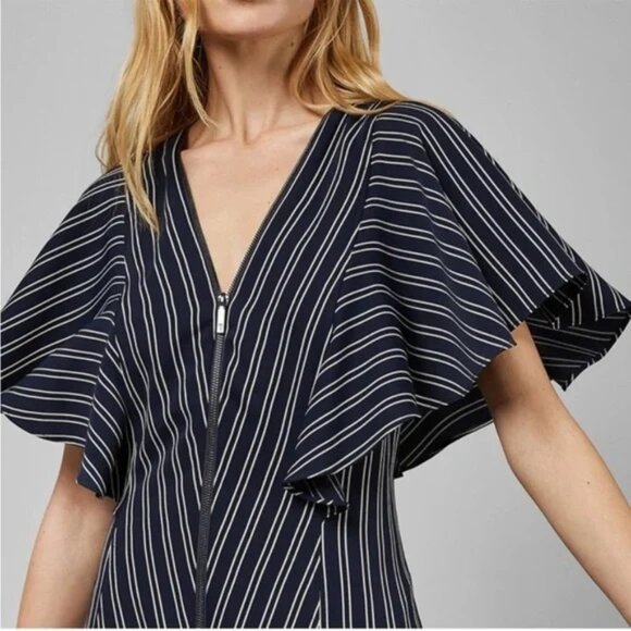 Ted Baker ~Flissie Navy Zip Front Striped Midi Dress in US size 10 (Ted size 4) - Picture 2 of 16